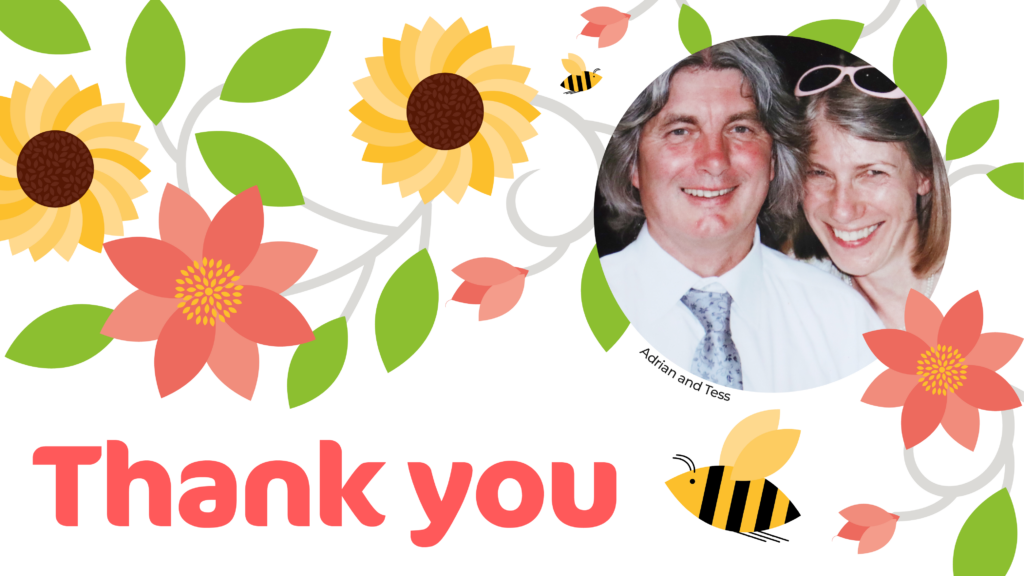 flowers and bees with a round image of a smiling man and woman