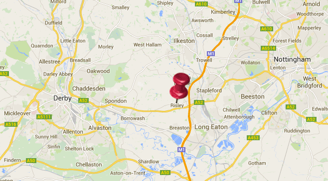 Map showing a red pin near Risley between Derby and Nottingham along the M1 motorway.