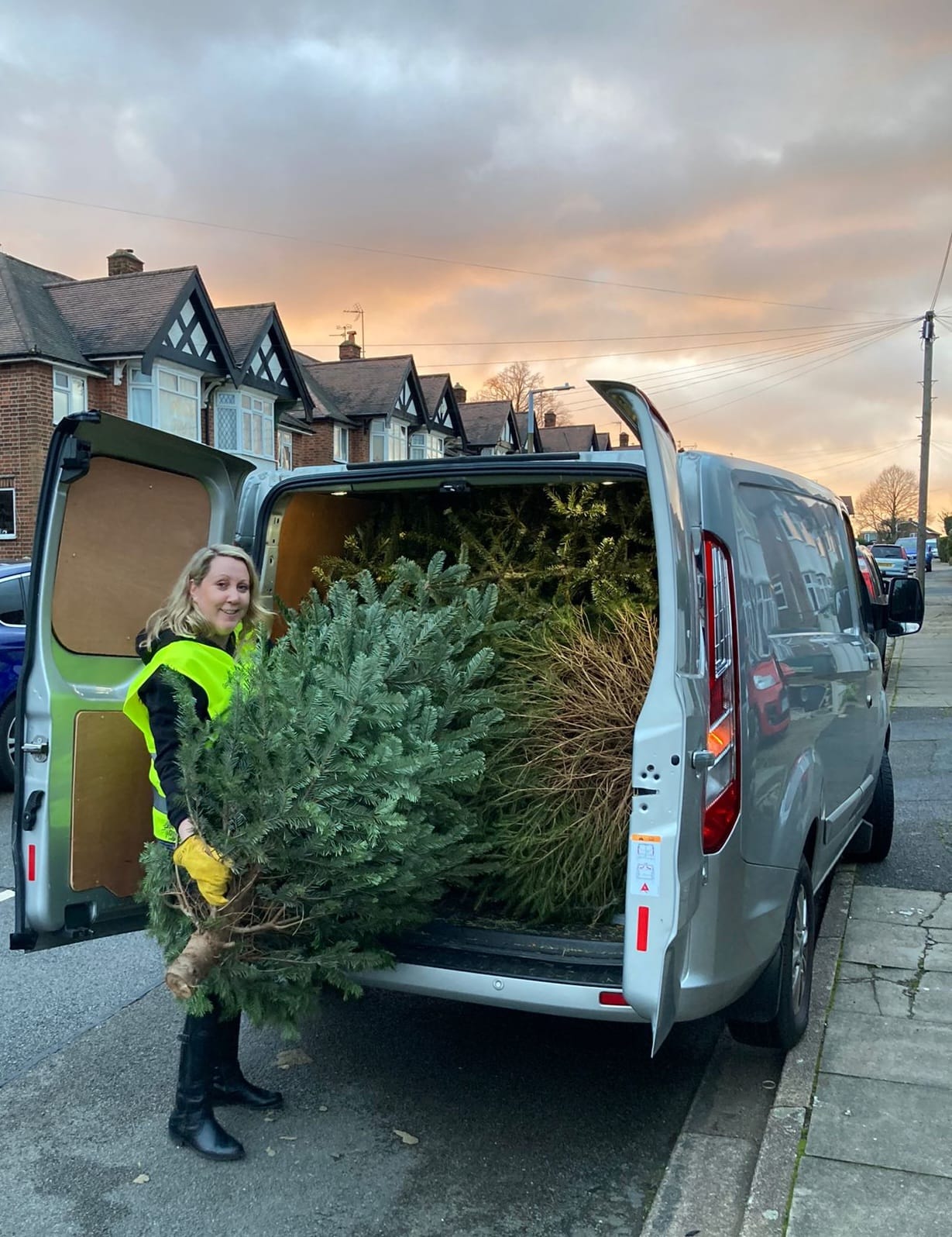 lady putting Christmas tree in a van